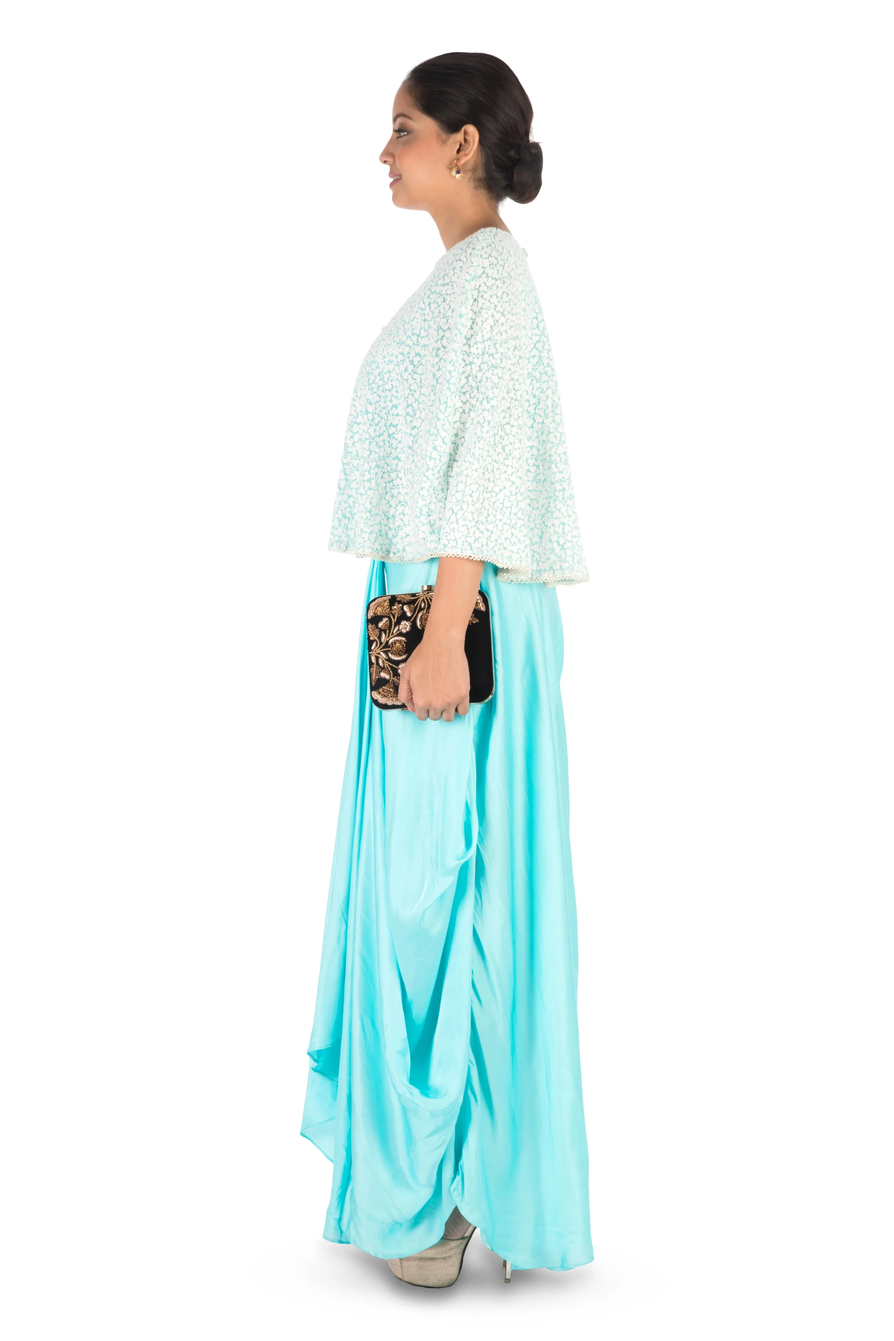 Anju Agarwal Hand Embroidered Sky Blue Drape Skirt & Cape Set