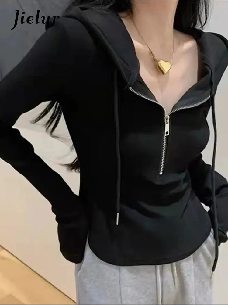 Autumn Hooded Zipper Slim Long Sleeve Hoodie Bottoming T-Shirt Women All-Match Short High-Waisted Top Fashion
