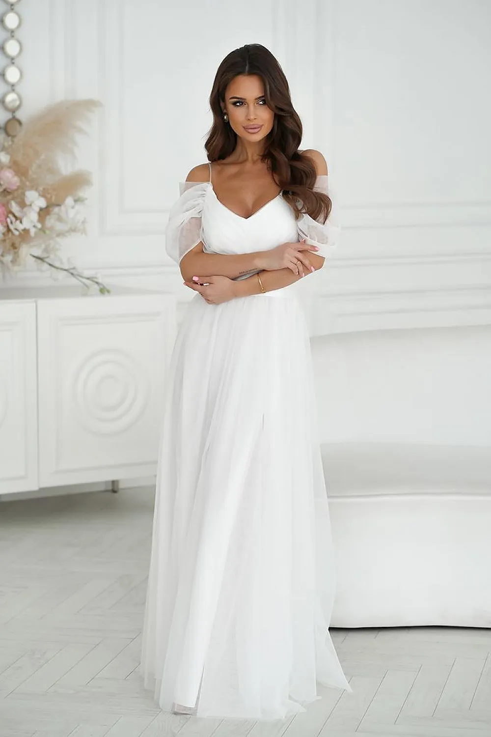 Beautiful long Spanish-style evening dress with plunging tulle sleeve