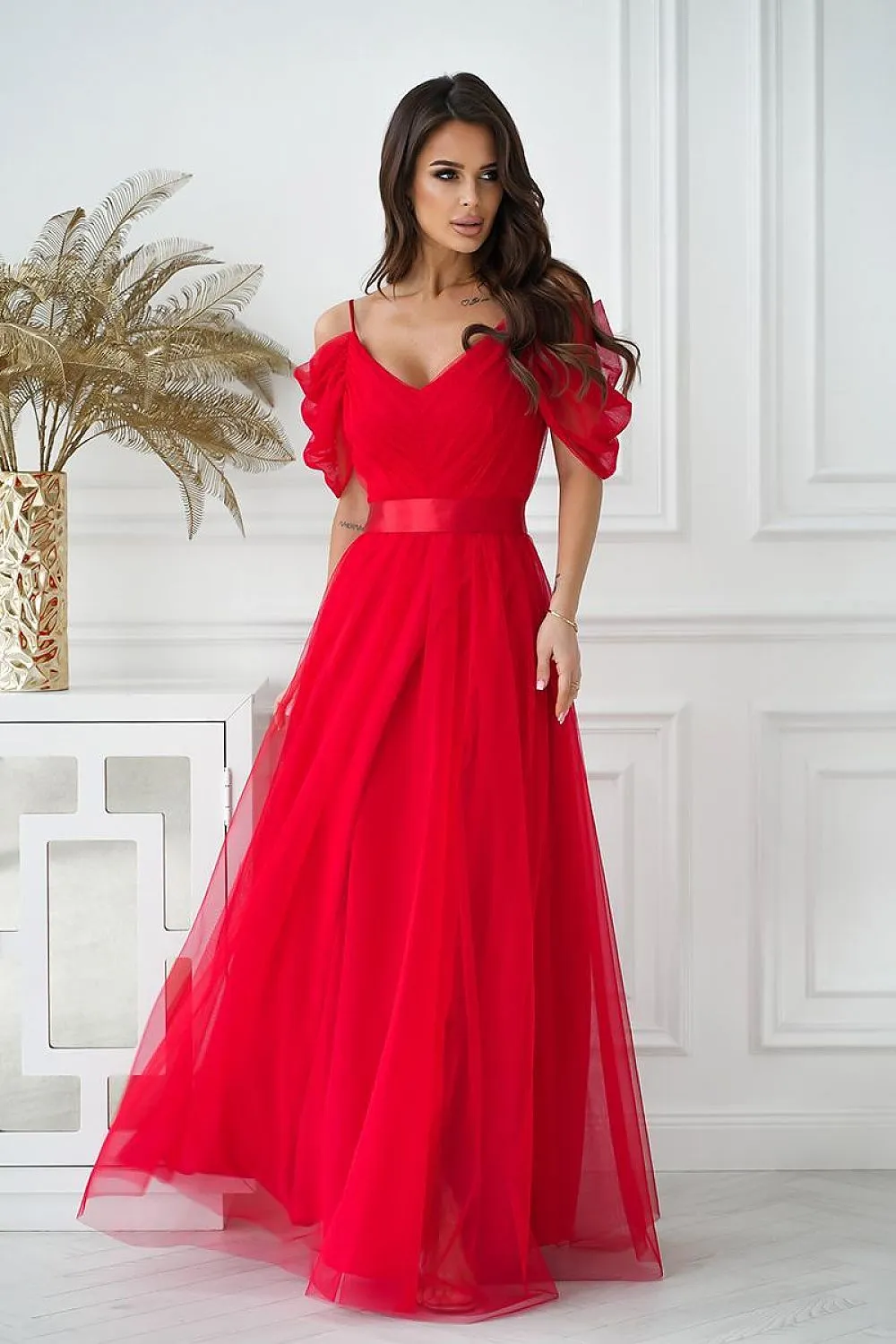 Beautiful long Spanish-style evening dress with plunging tulle sleeve