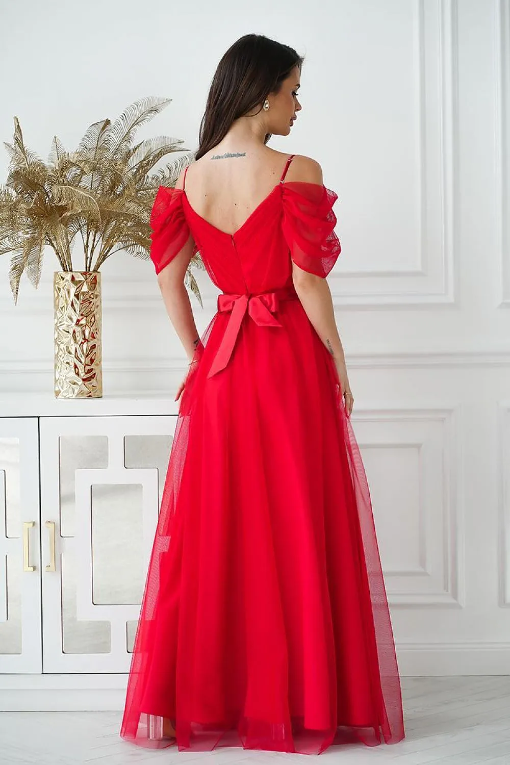 Beautiful long Spanish-style evening dress with plunging tulle sleeve