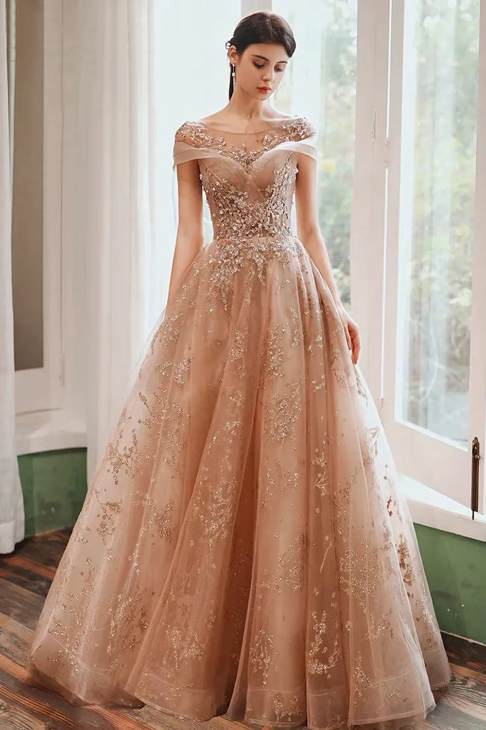 Beautiful Tulle Sequins Long Prom Dress, A-Line Evening Dress