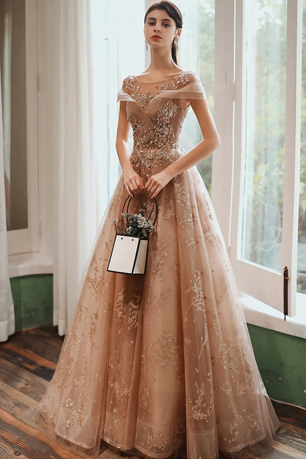 Beautiful Tulle Sequins Long Prom Dress, A-Line Evening Dress