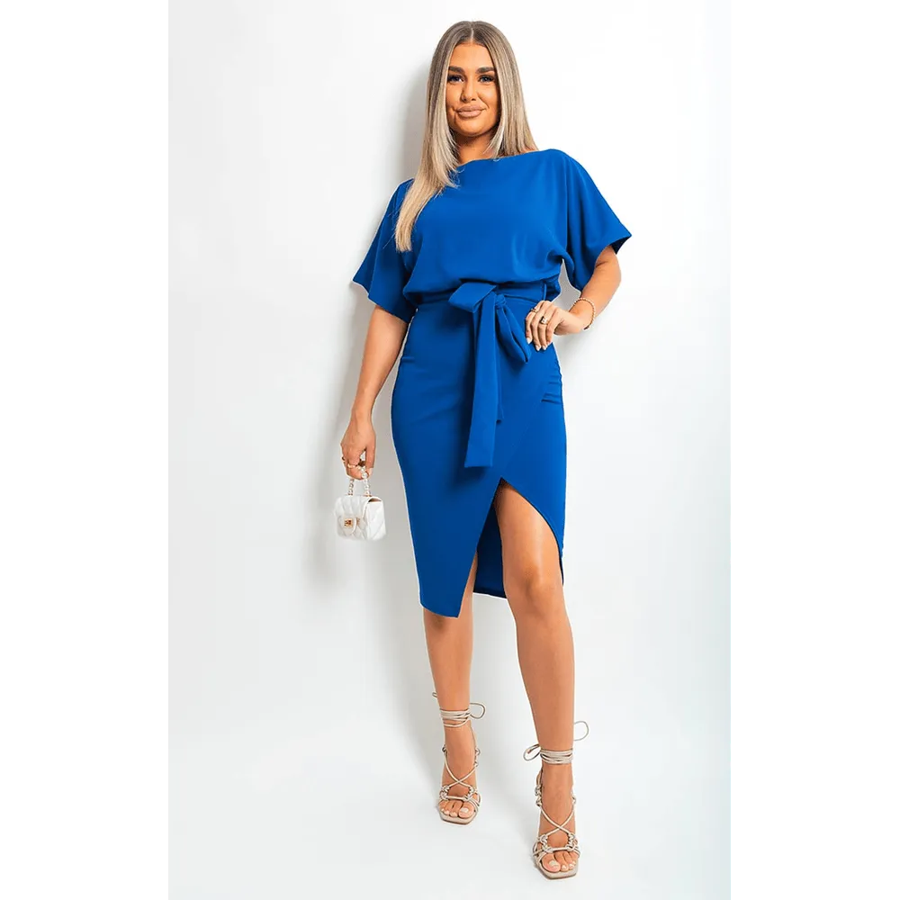 Belted Wrap Front Kimono Sleeve Midi Dress