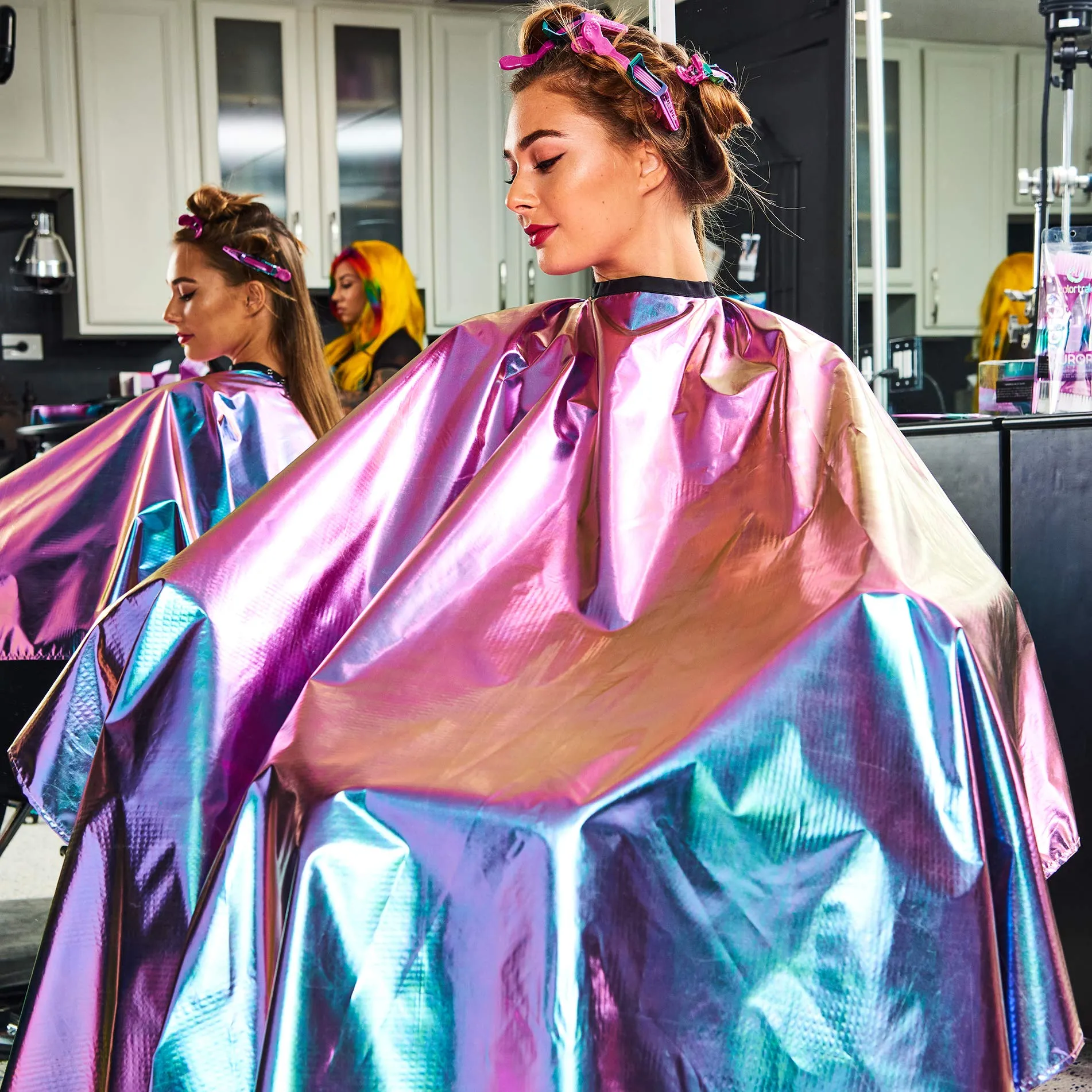 Betty Dain The Aurora Collection All Purpose Cape, 54" W x 65" L, Water & Chemical Proof, Machine Washable, Adjustable Snap Closure, Matches Other The Aurora Collection Products, Holographic Design
