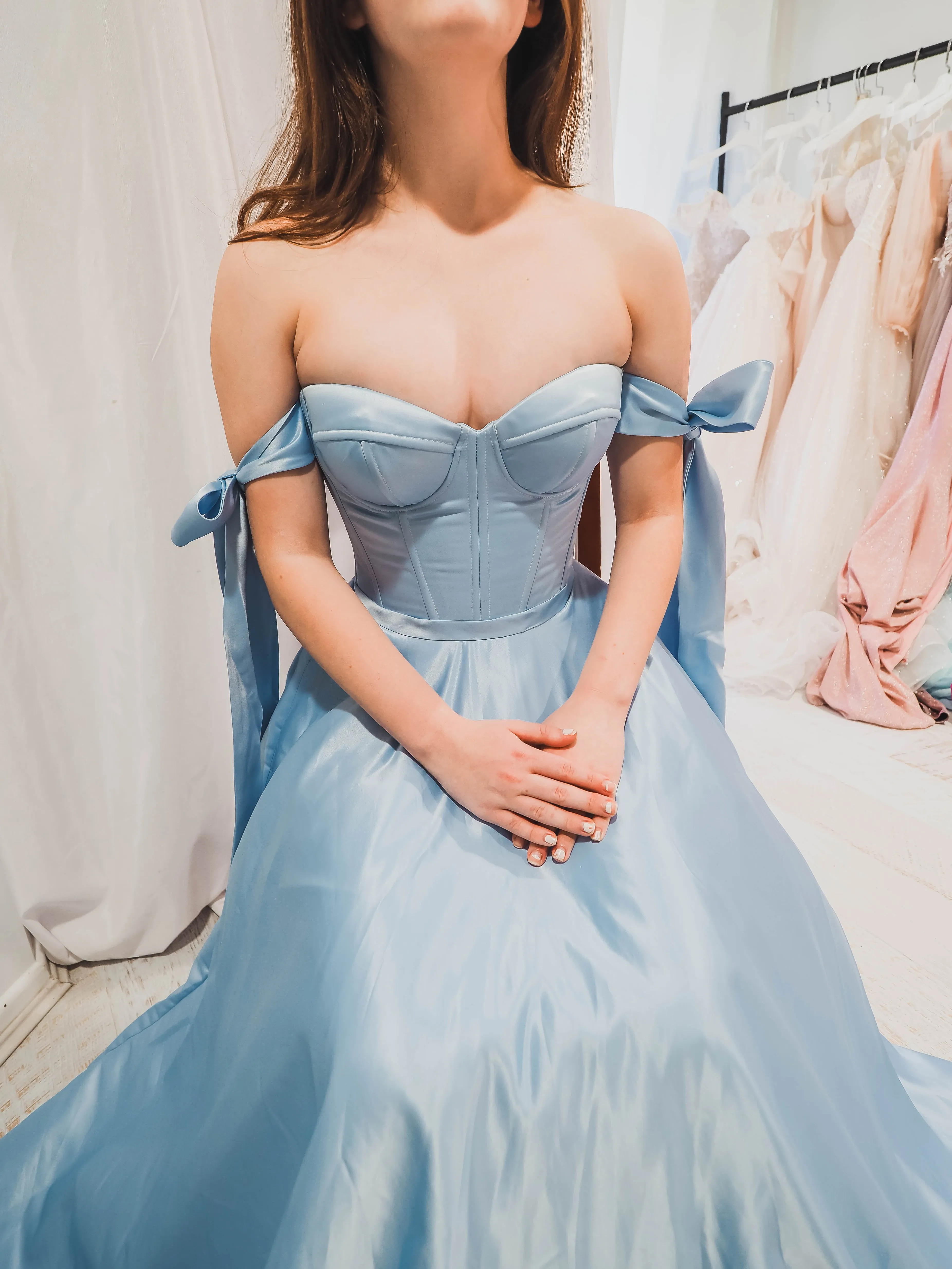 Bustier corset baby blue dress with self-tie bows for hire
