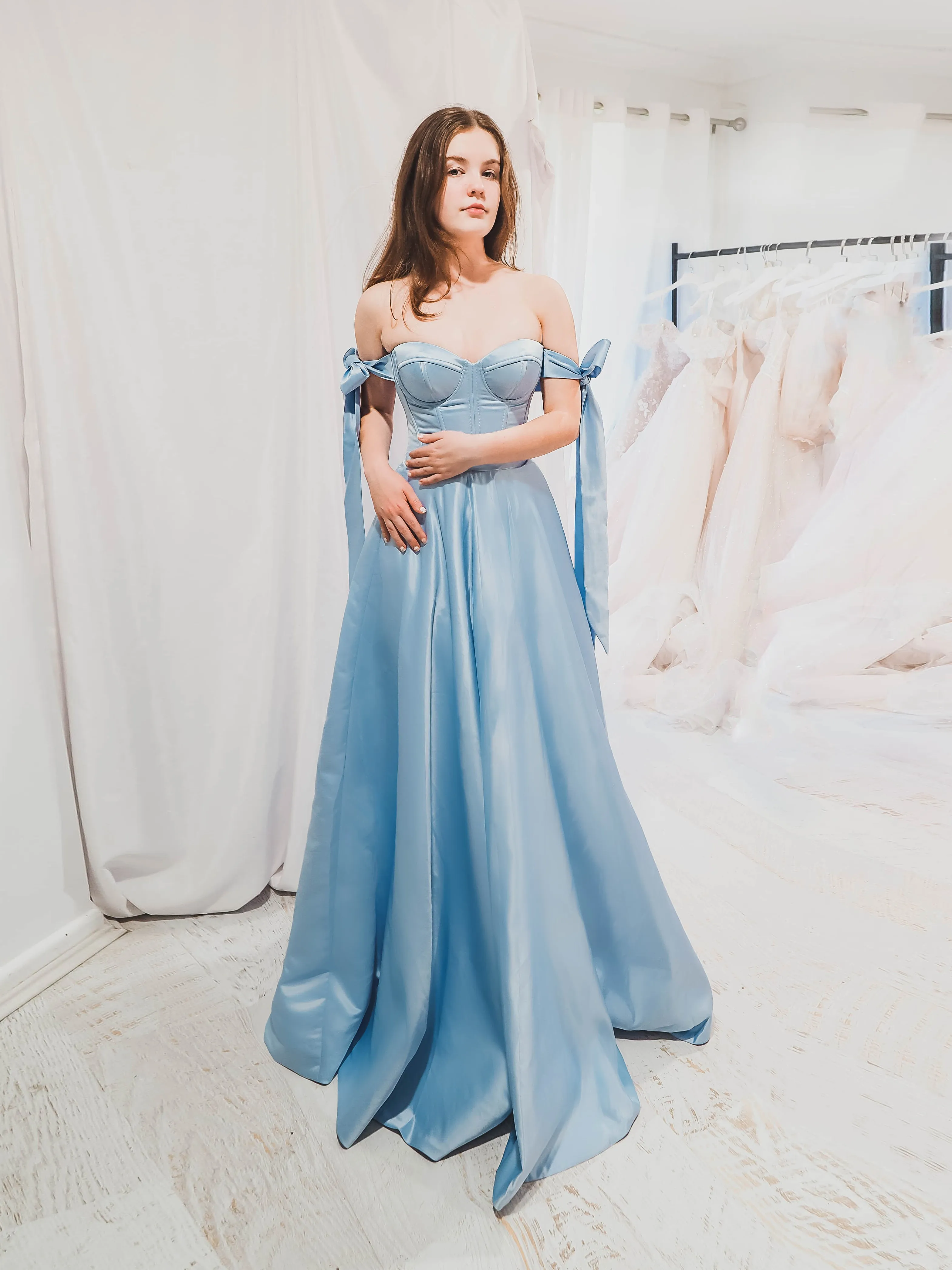 Bustier corset baby blue dress with self-tie bows for hire