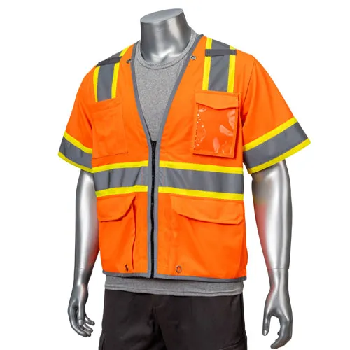 Class 3 3.8oz. Knitted Two Tone Reflective Safety Vest With Dual Mic Tab & 4 Pockets