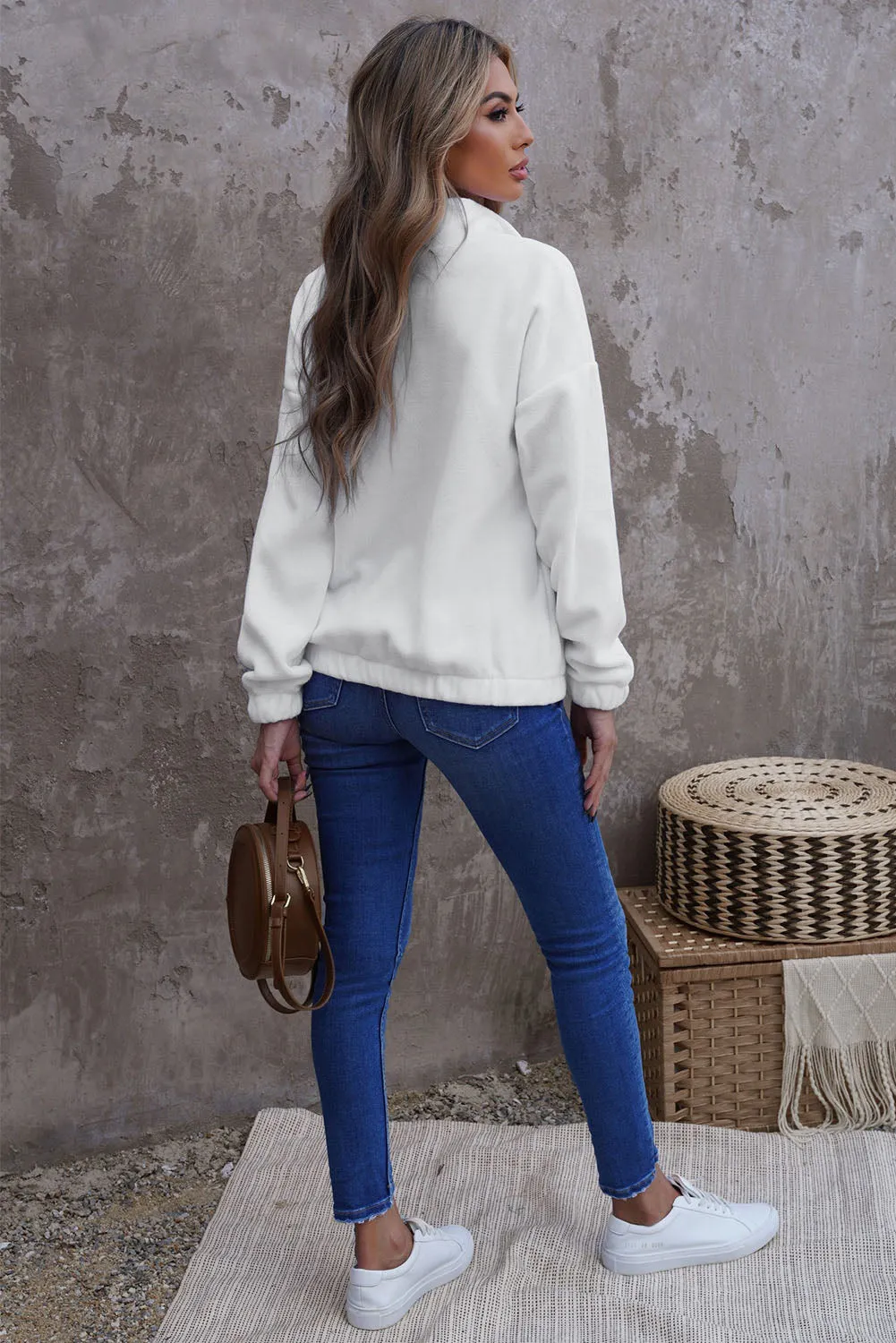 Cozy Pullover Long Sleeve Zip Collar Sweatshirt Solid Stand Neck Tops for Women