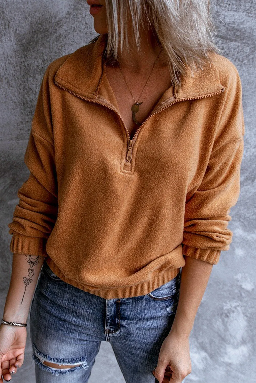Cozy Pullover Long Sleeve Zip Collar Sweatshirt Solid Stand Neck Tops for Women