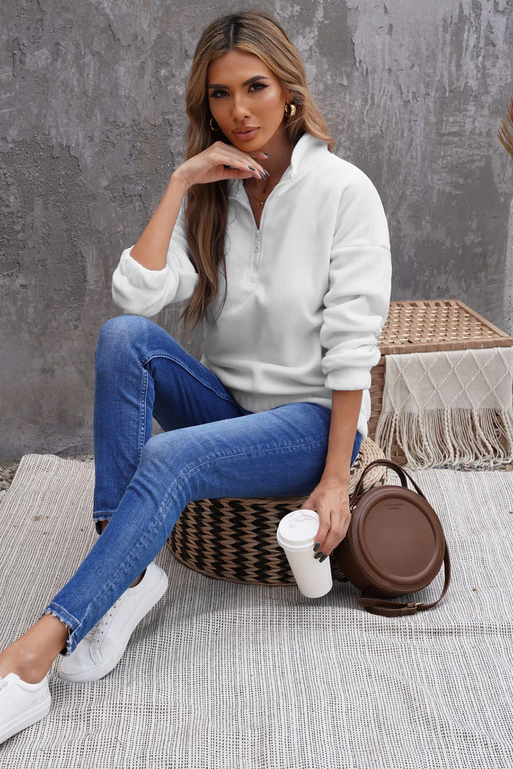Cozy Pullover Long Sleeve Zip Collar Sweatshirt Solid Stand Neck Tops for Women
