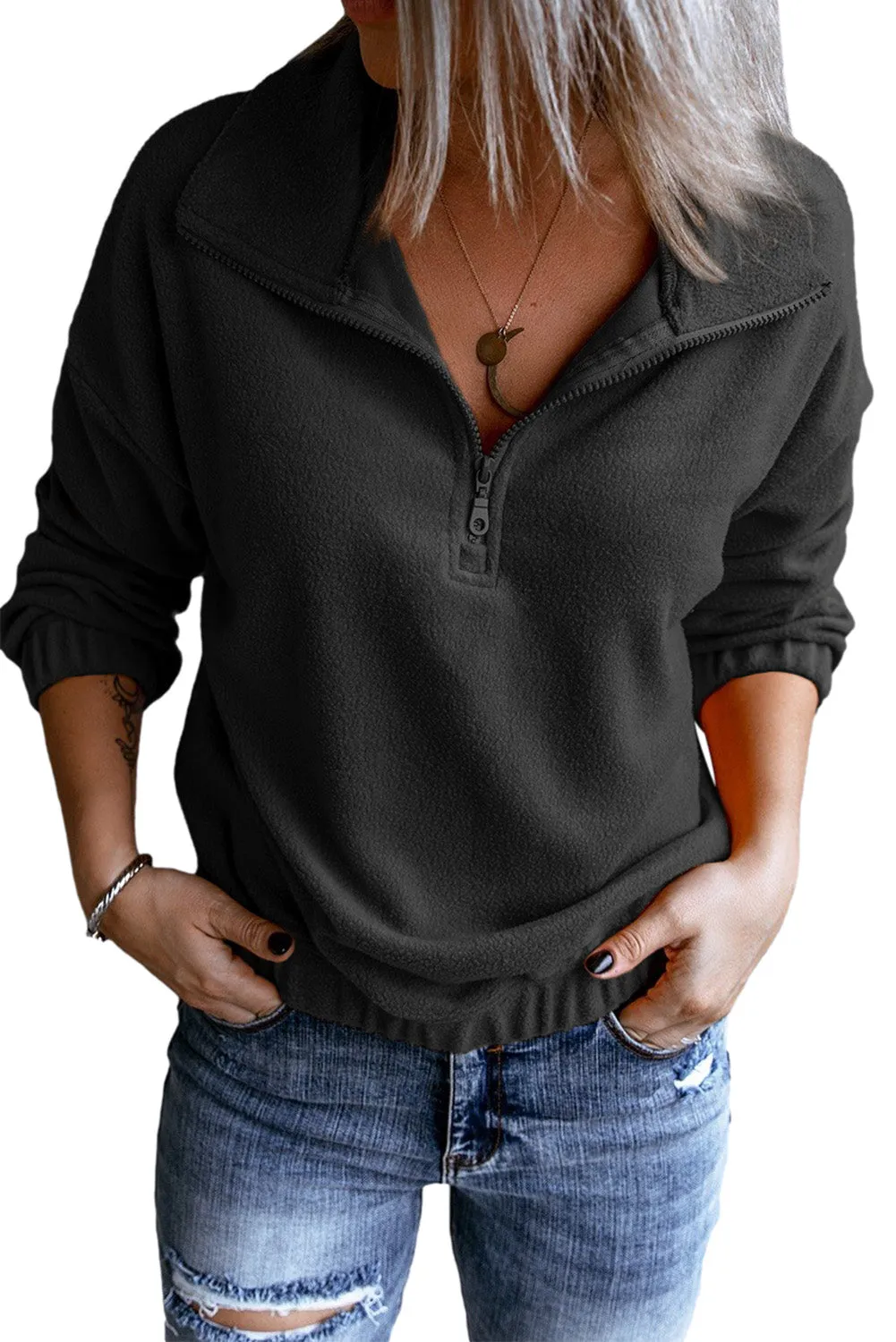 Cozy Pullover Long Sleeve Zip Collar Sweatshirt Solid Stand Neck Tops for Women