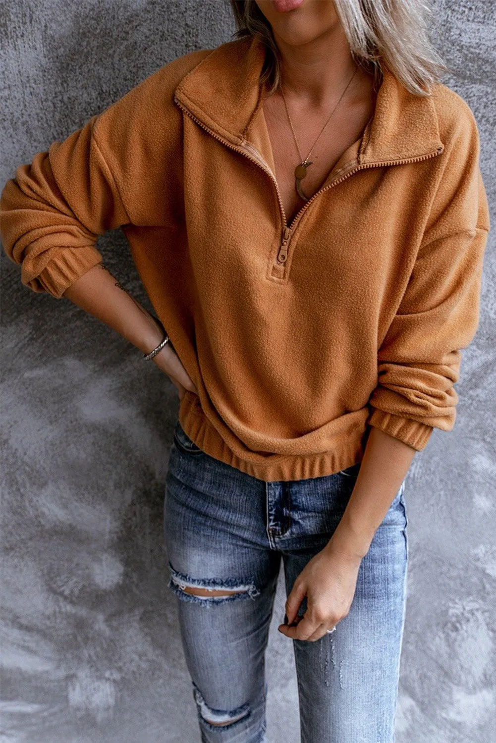 Cozy Pullover Long Sleeve Zip Collar Sweatshirt Solid Stand Neck Tops for Women
