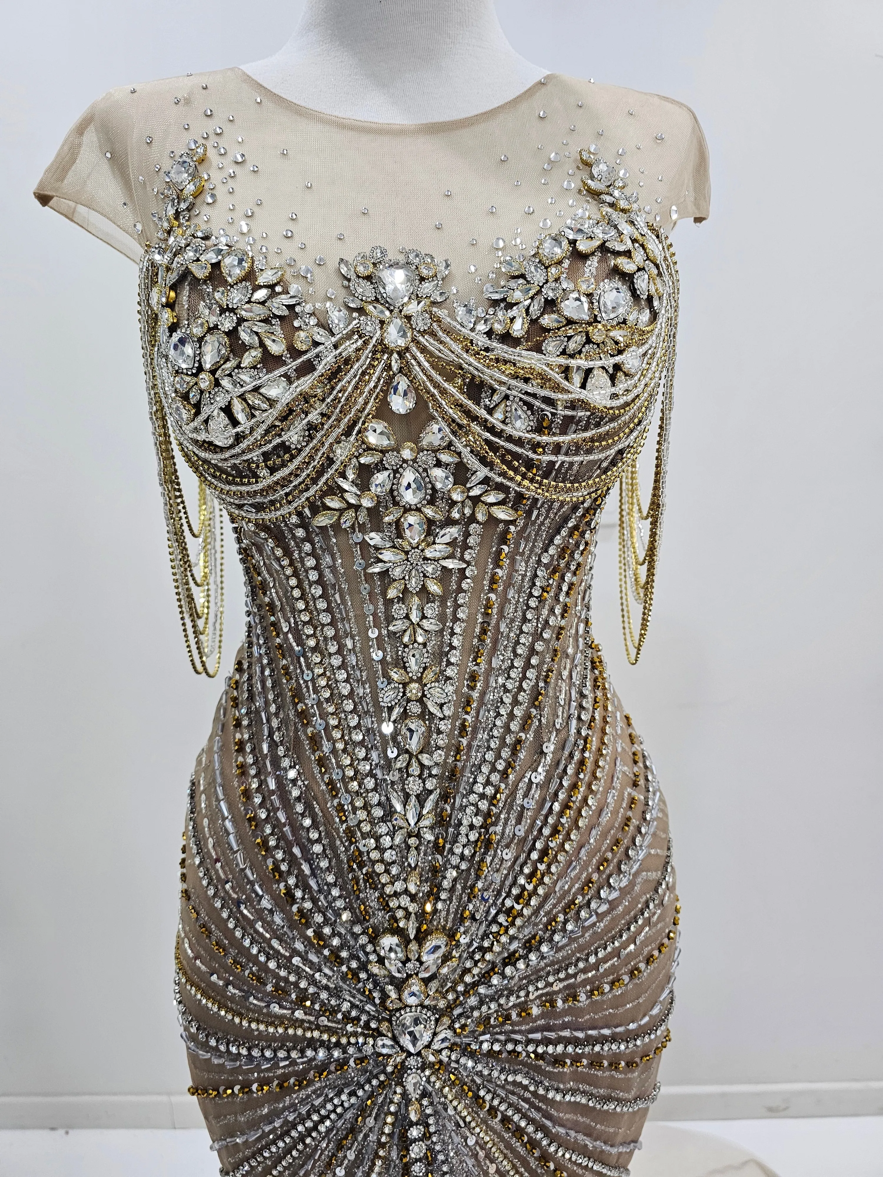 Deep tan crystal mermaid dress for hire