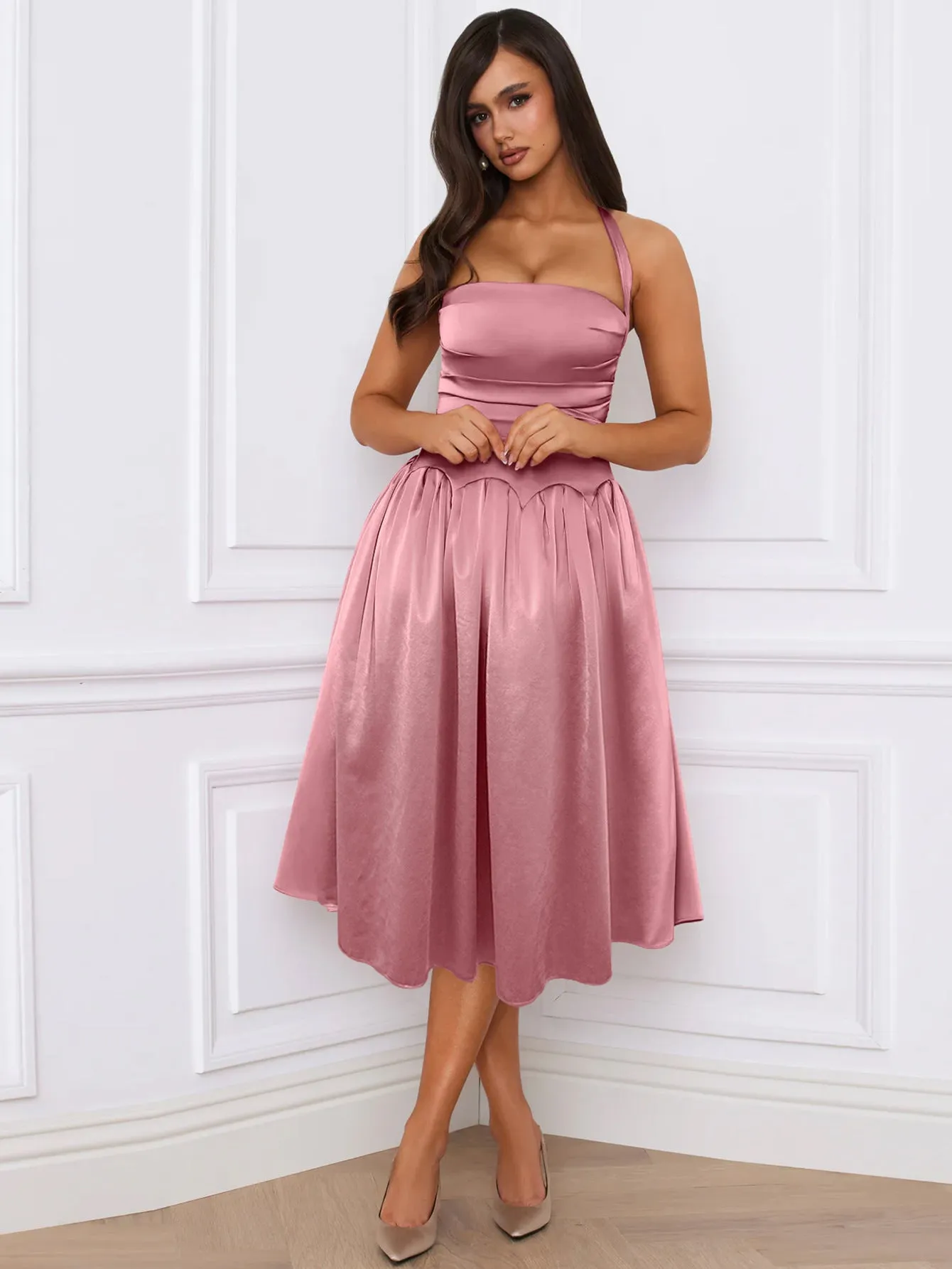 Elegant Lace up Backless Midi Cami Party Dress