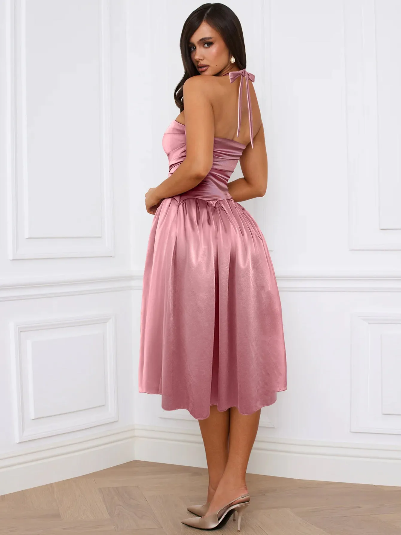 Elegant Lace up Backless Midi Cami Party Dress