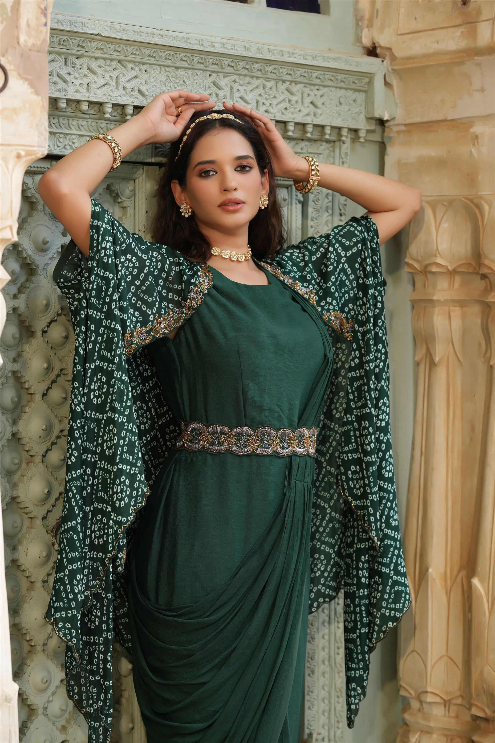 Green Chinon Silk Pre Draped Saree With Bandhani Cape & Belt