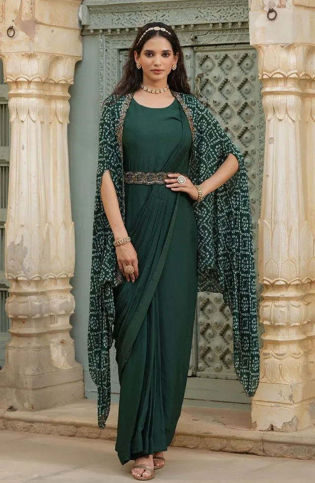 Green Chinon Silk Pre Draped Saree With Bandhani Cape & Belt