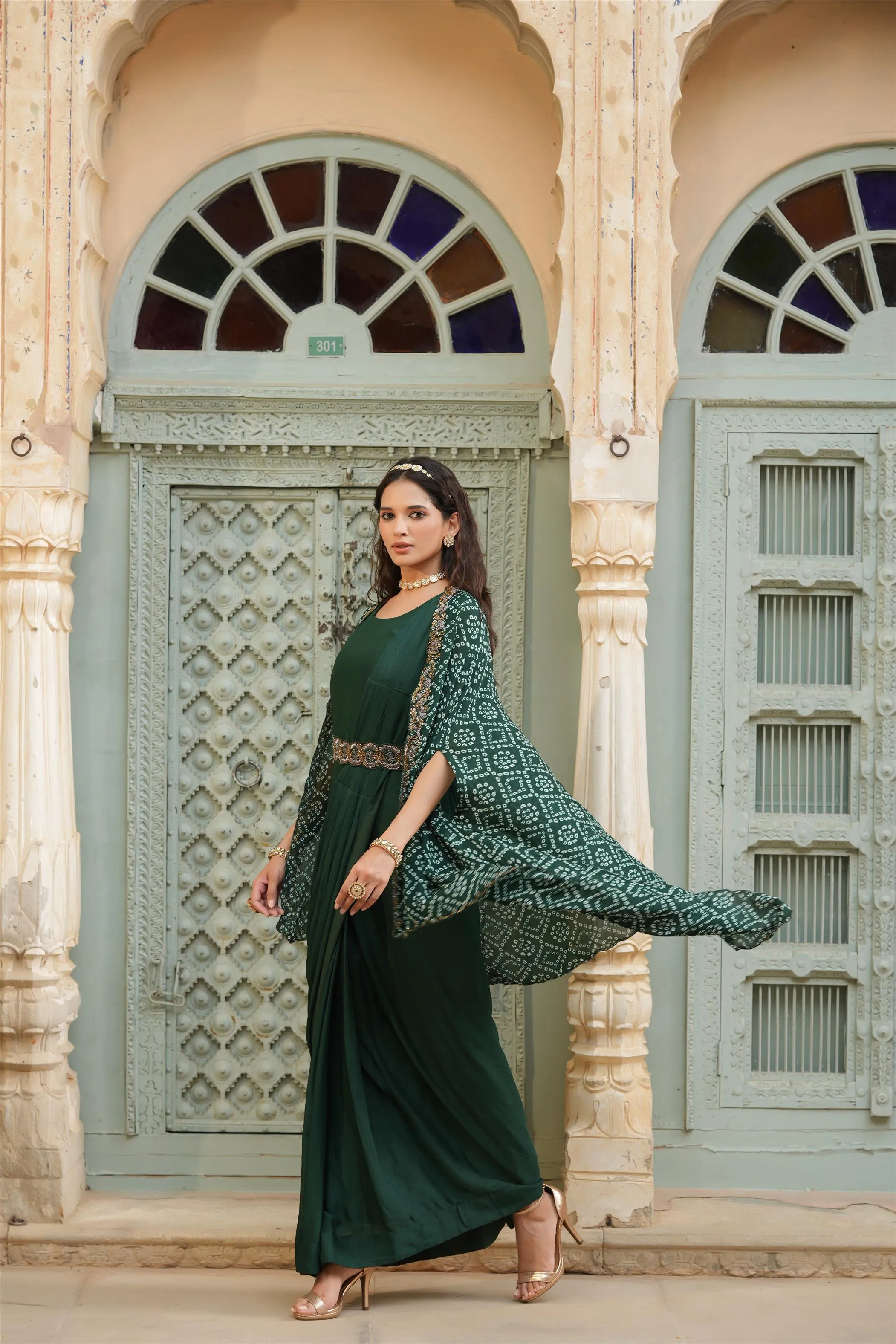 Green Chinon Silk Pre Draped Saree With Bandhani Cape & Belt