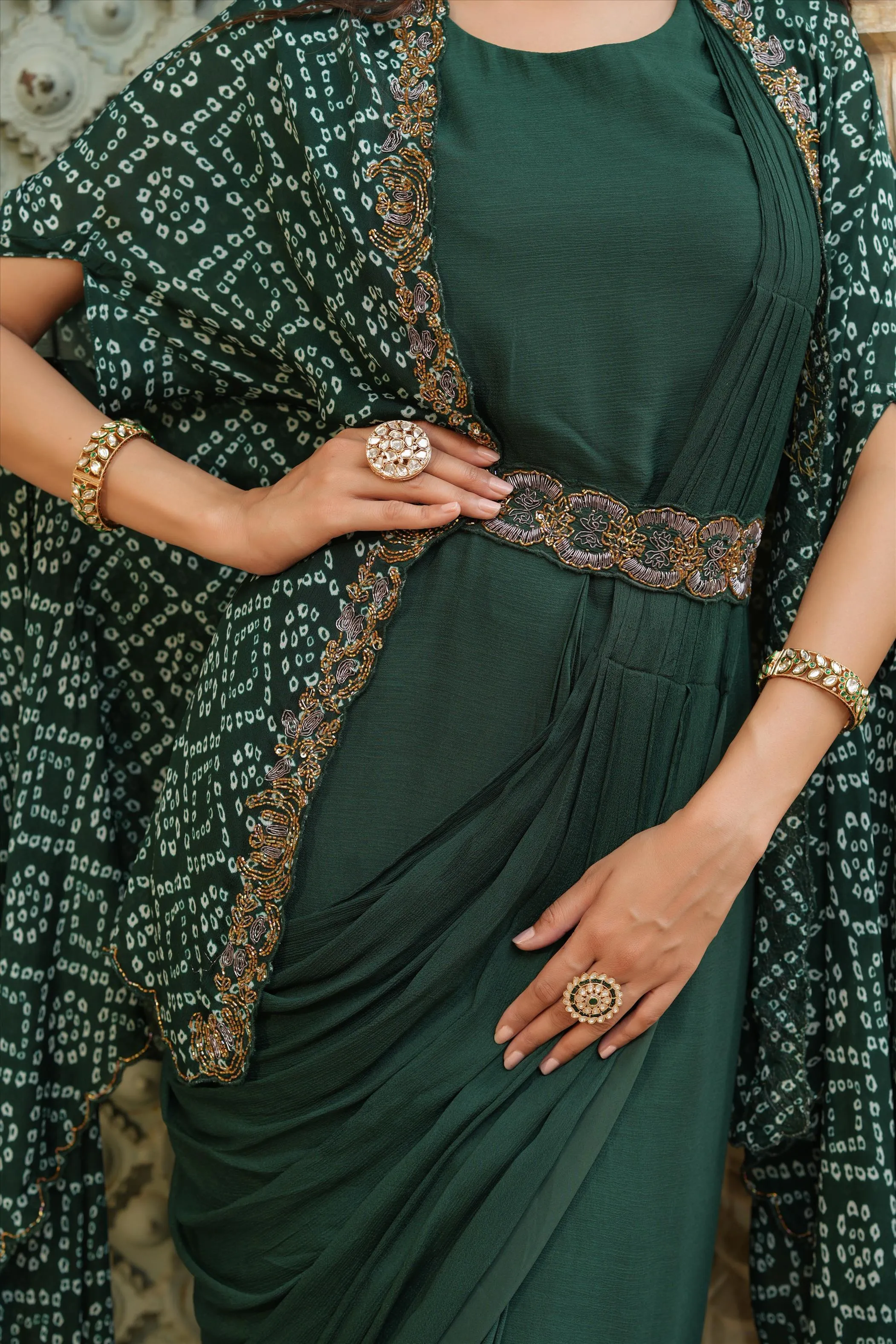 Green Chinon Silk Pre Draped Saree With Bandhani Cape & Belt
