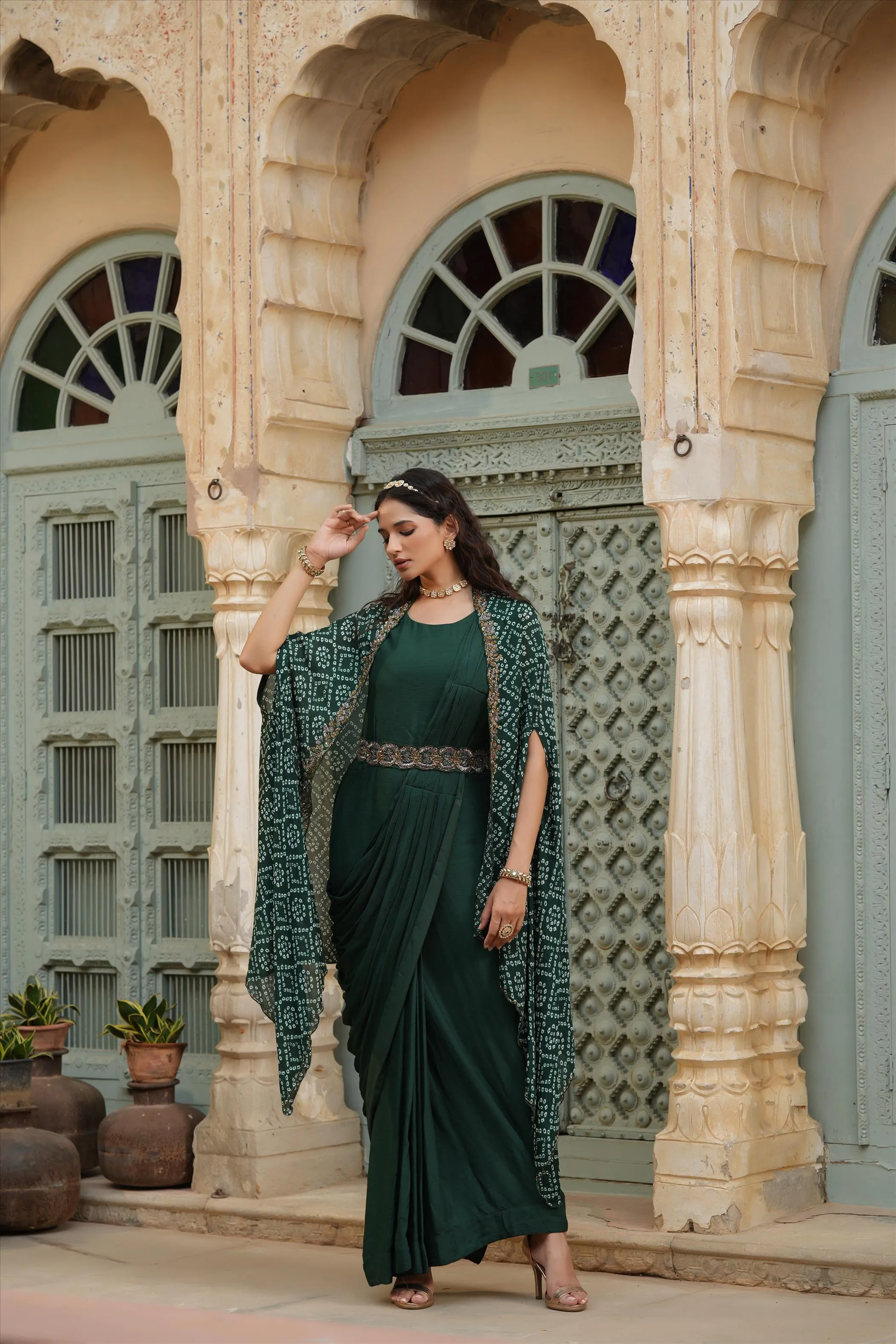 Green Chinon Silk Pre Draped Saree With Bandhani Cape & Belt