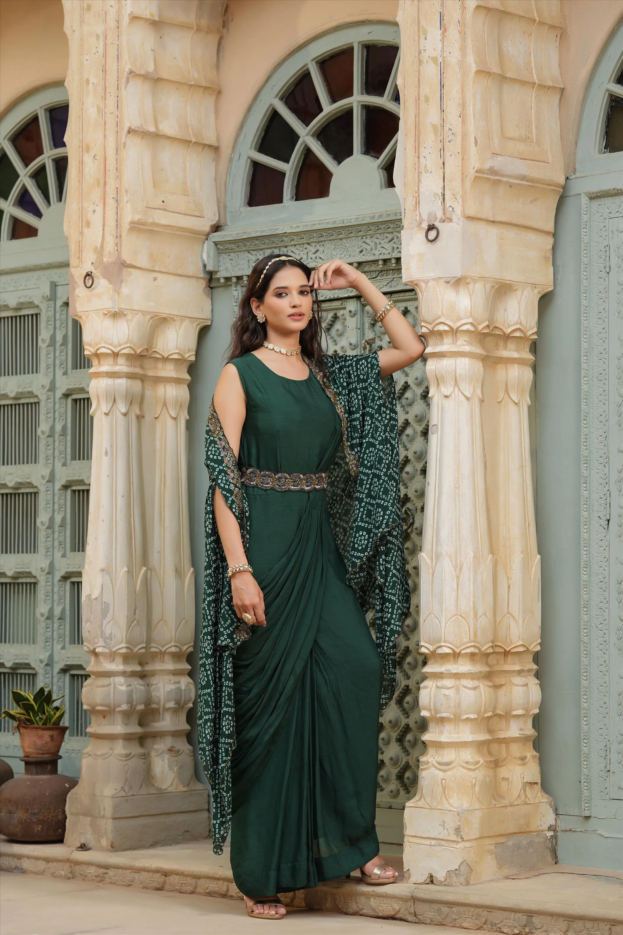 Green Chinon Silk Pre Draped Saree With Bandhani Cape & Belt