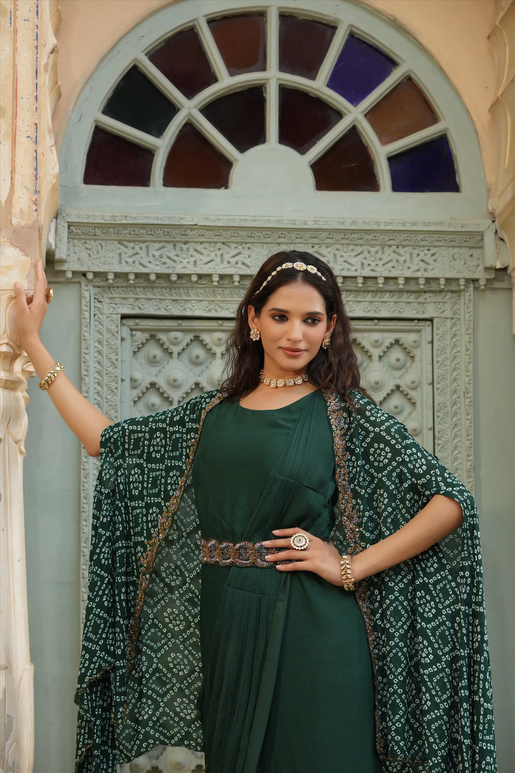 Green Chinon Silk Pre Draped Saree With Bandhani Cape & Belt