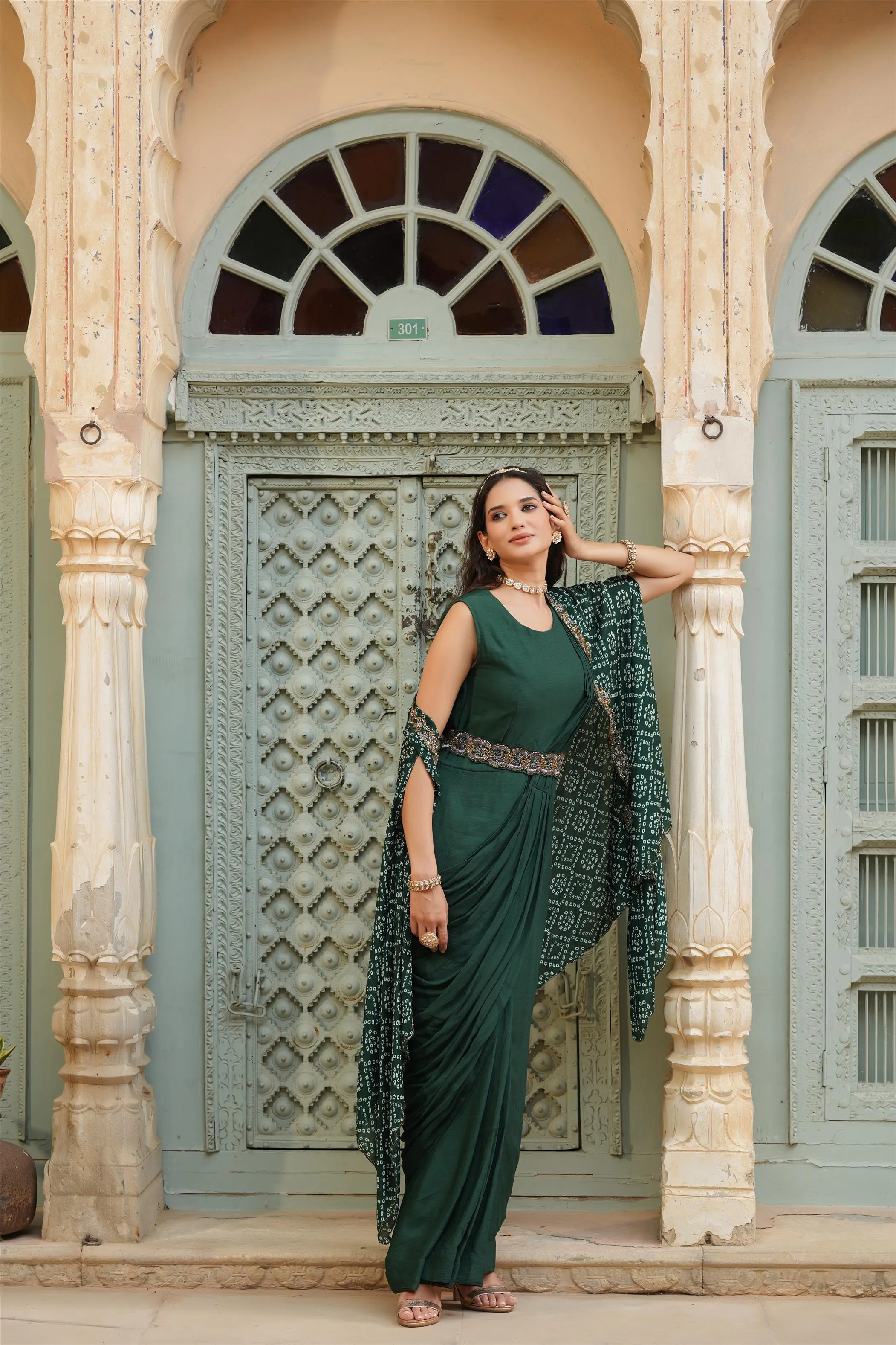 Green Chinon Silk Pre Draped Saree With Bandhani Cape & Belt