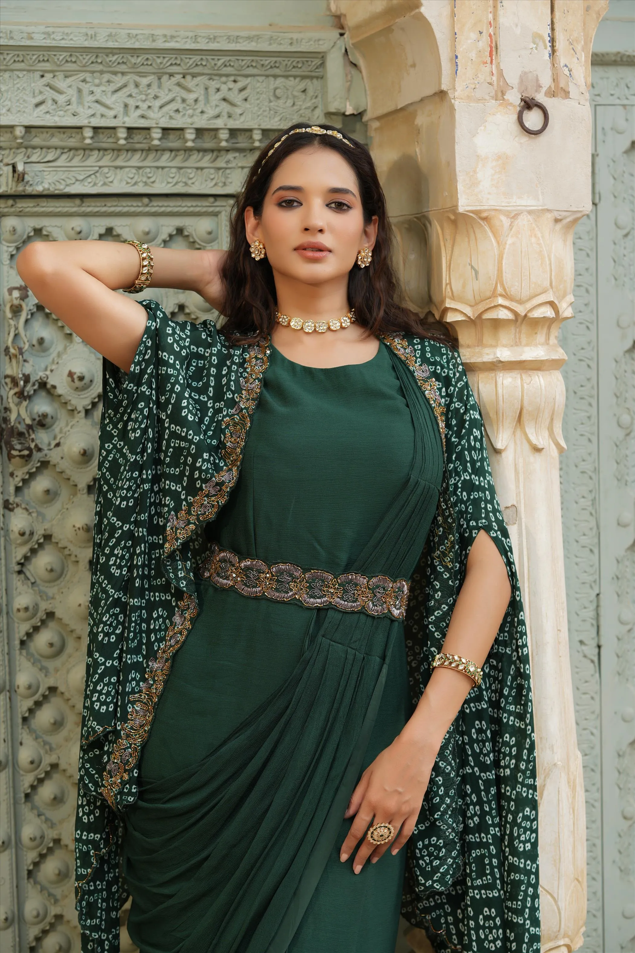 Green Chinon Silk Pre Draped Saree With Bandhani Cape & Belt