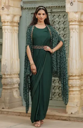 Green Chinon Silk Pre Draped Saree With Bandhani Cape & Belt