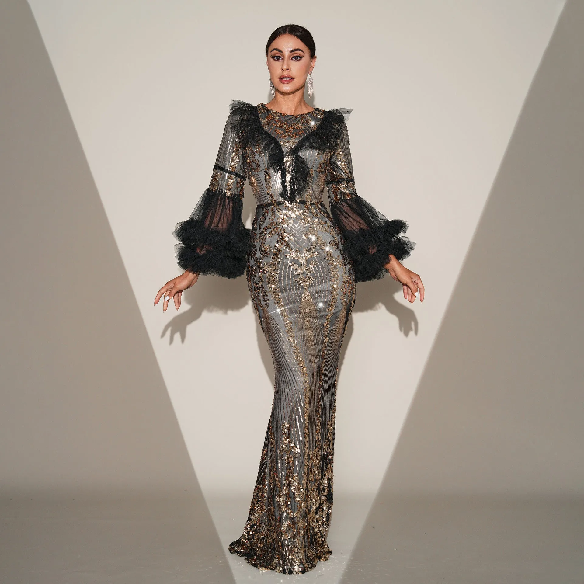 High End Long Sleeve Sequined Fishtail Evening Dress