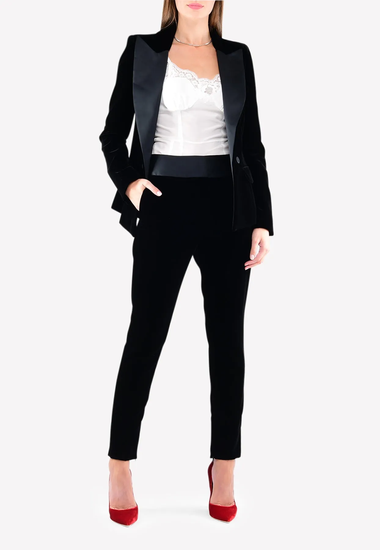 High-Waist Velvet Tuxedo Trousers