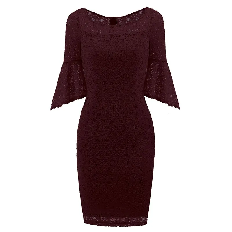 Hollow Out Plain Lace Bell Sleeve Bodycon Dress #Bodycon Dress #Red #Lace Dress