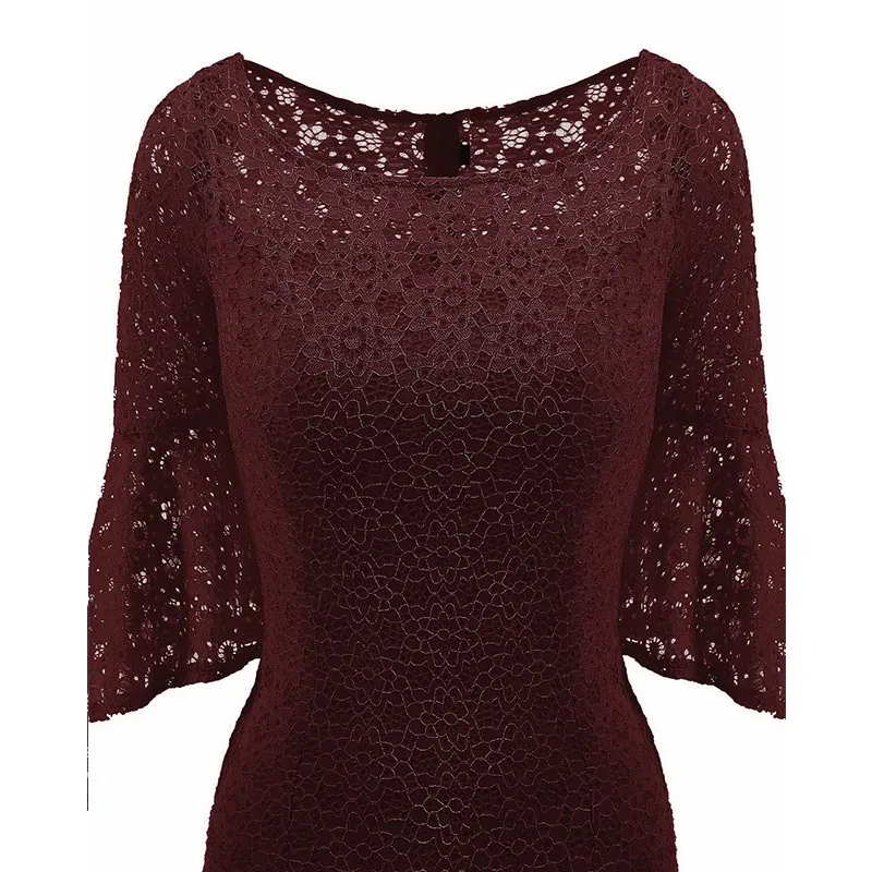 Hollow Out Plain Lace Bell Sleeve Bodycon Dress #Bodycon Dress #Red #Lace Dress