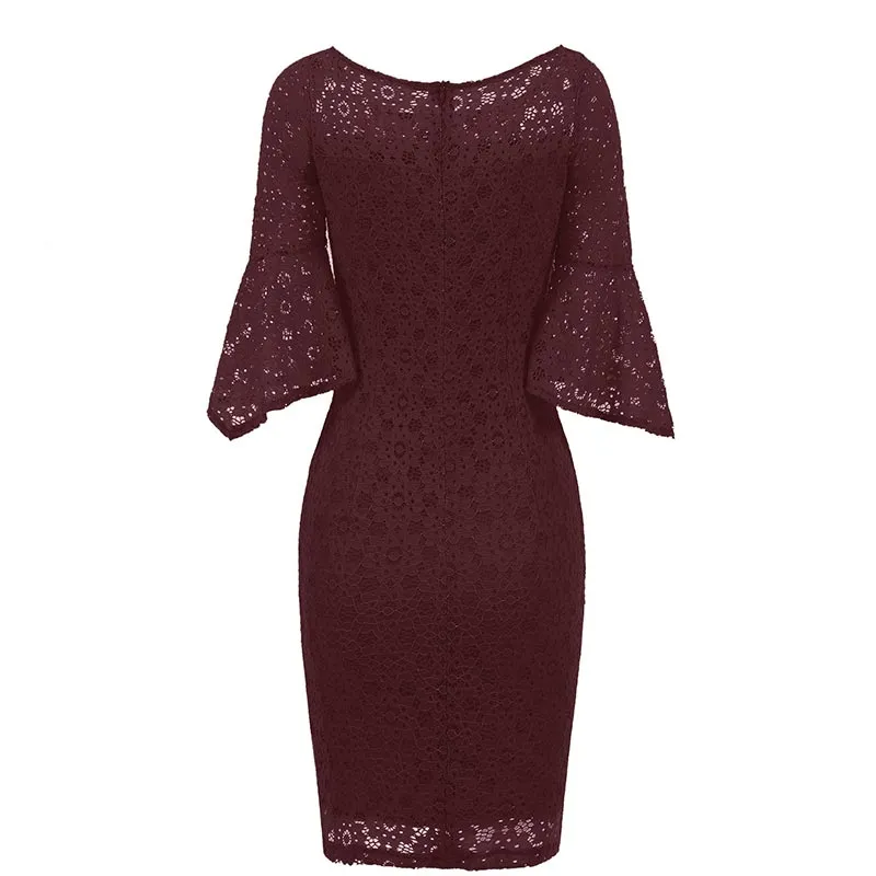 Hollow Out Plain Lace Bell Sleeve Bodycon Dress #Bodycon Dress #Red #Lace Dress