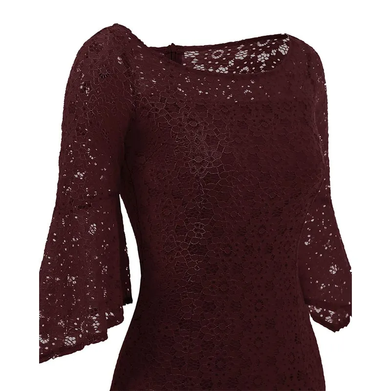 Hollow Out Plain Lace Bell Sleeve Bodycon Dress #Bodycon Dress #Red #Lace Dress