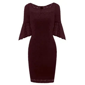 Hollow Out Plain Lace Bell Sleeve Bodycon Dress #Bodycon Dress #Red #Lace Dress