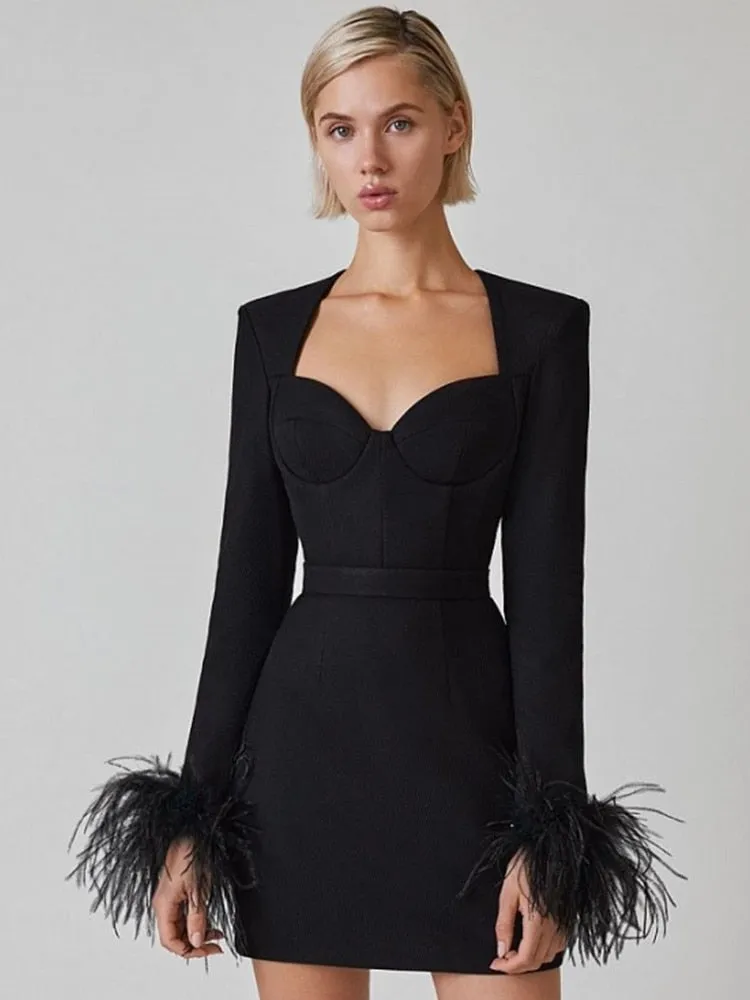 Long Sleeve Feathers Mini Bodycon Dress