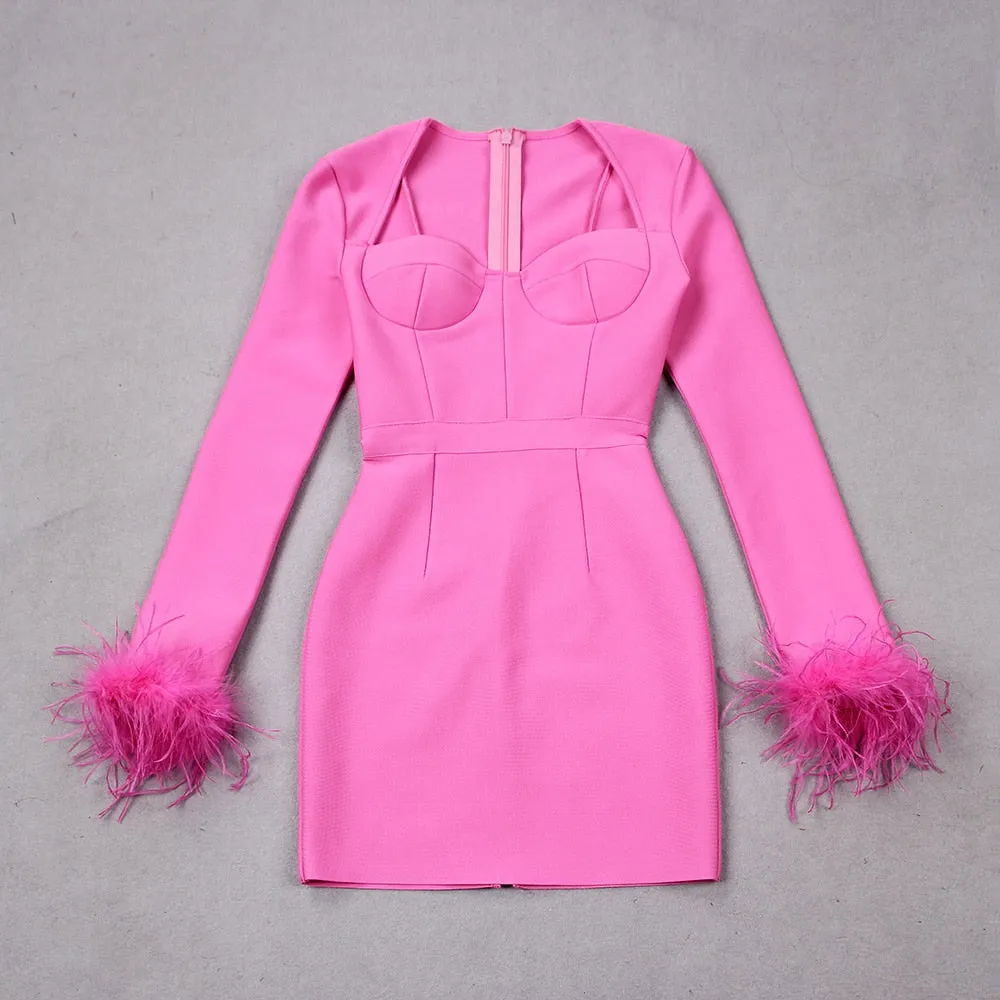 Long Sleeve Feathers Mini Bodycon Dress