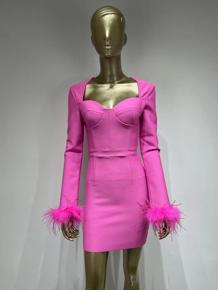Long Sleeve Feathers Mini Bodycon Dress