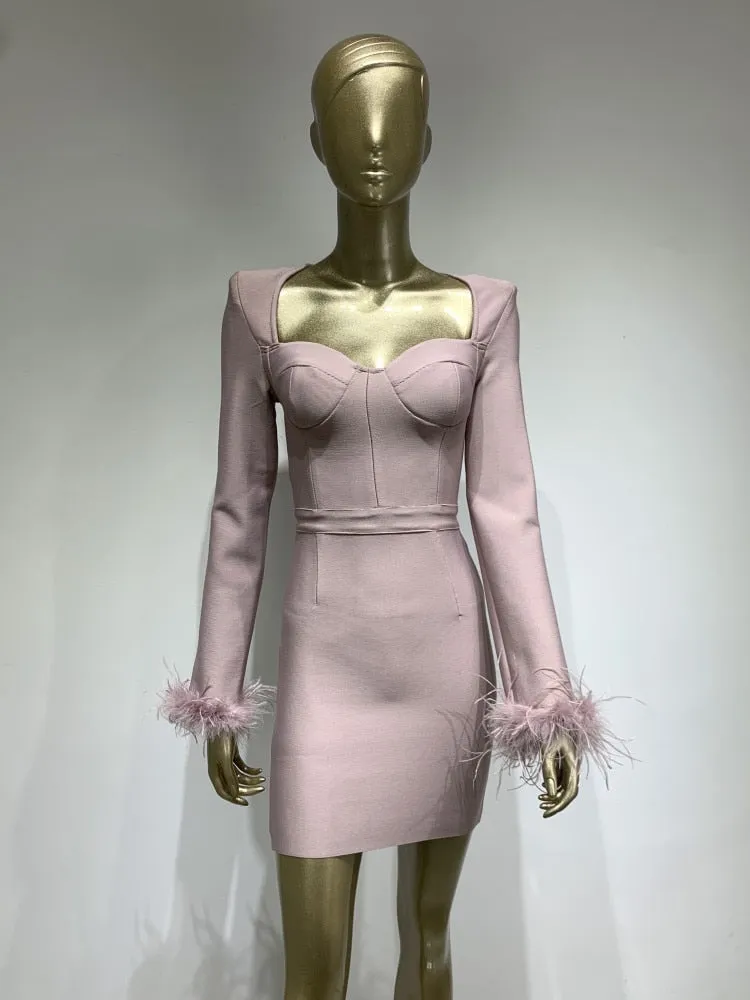 Long Sleeve Feathers Mini Bodycon Dress