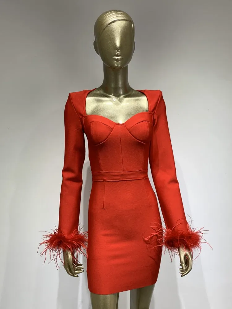 Long Sleeve Feathers Mini Bodycon Dress