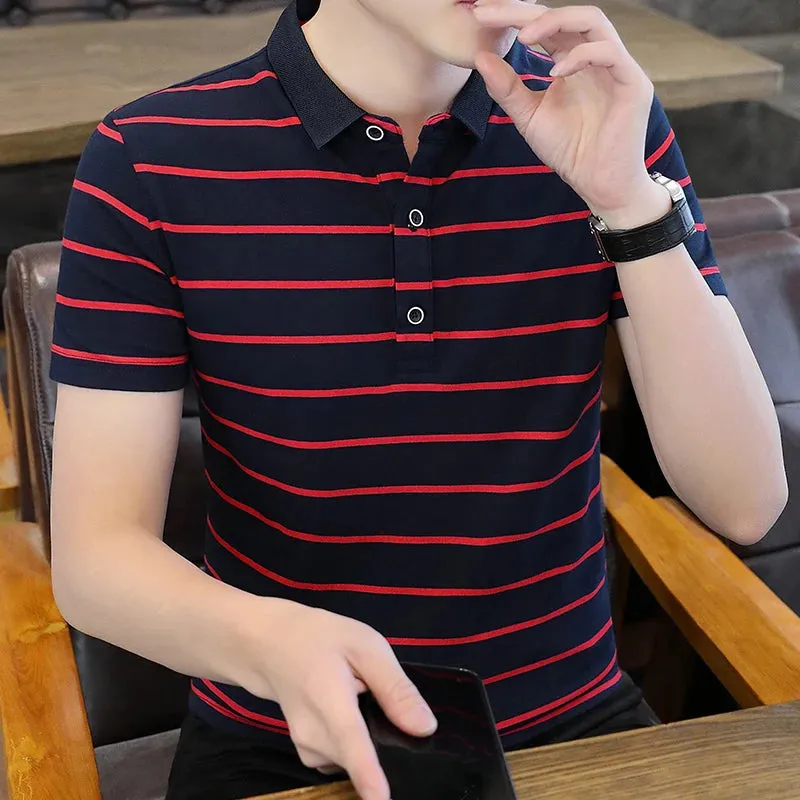 Men's Basic Striped Short Sleeve Polo Shirt-Casual Summer T Shirts