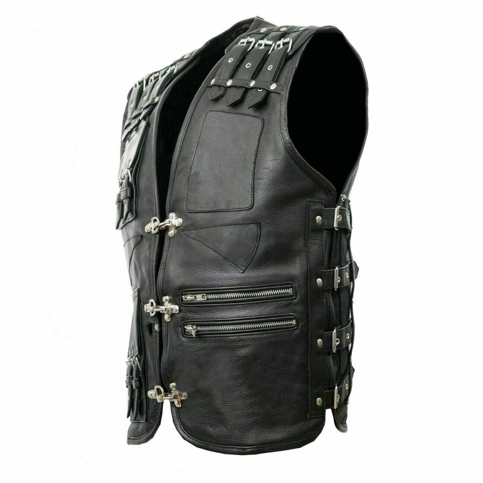 Men's Genuine Leather Biker Waistcoat Vest