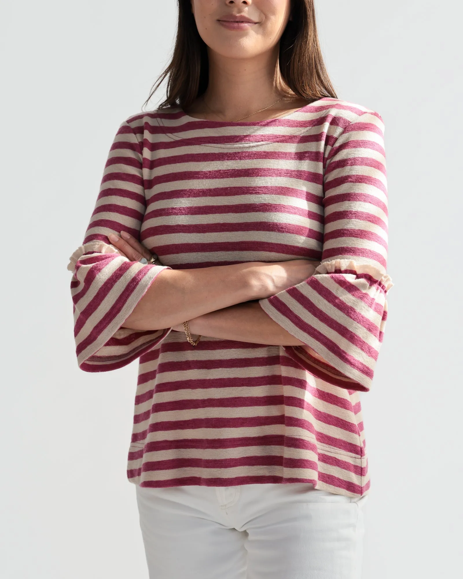 Merino Stripe w/ Trumpet Cuff. Almond Milk/Camelia Mel.