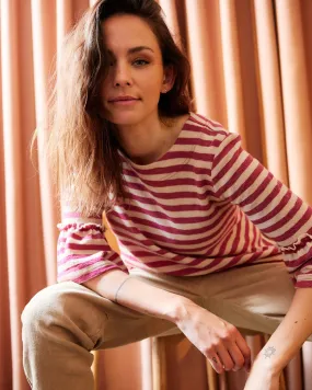 Merino Stripe w/ Trumpet Cuff. Almond Milk/Camelia Mel.