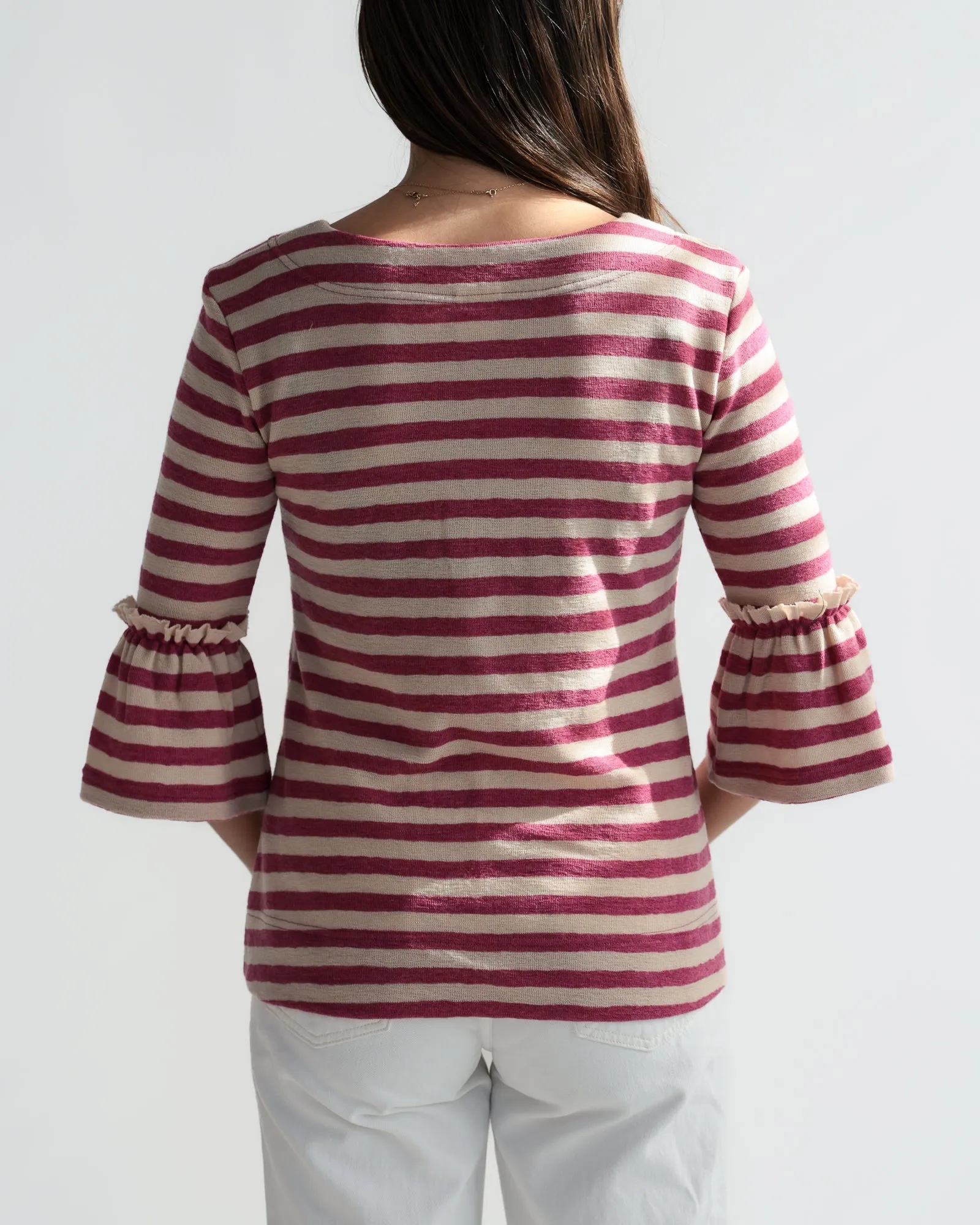 Merino Stripe w/ Trumpet Cuff. Almond Milk/Camelia Mel.