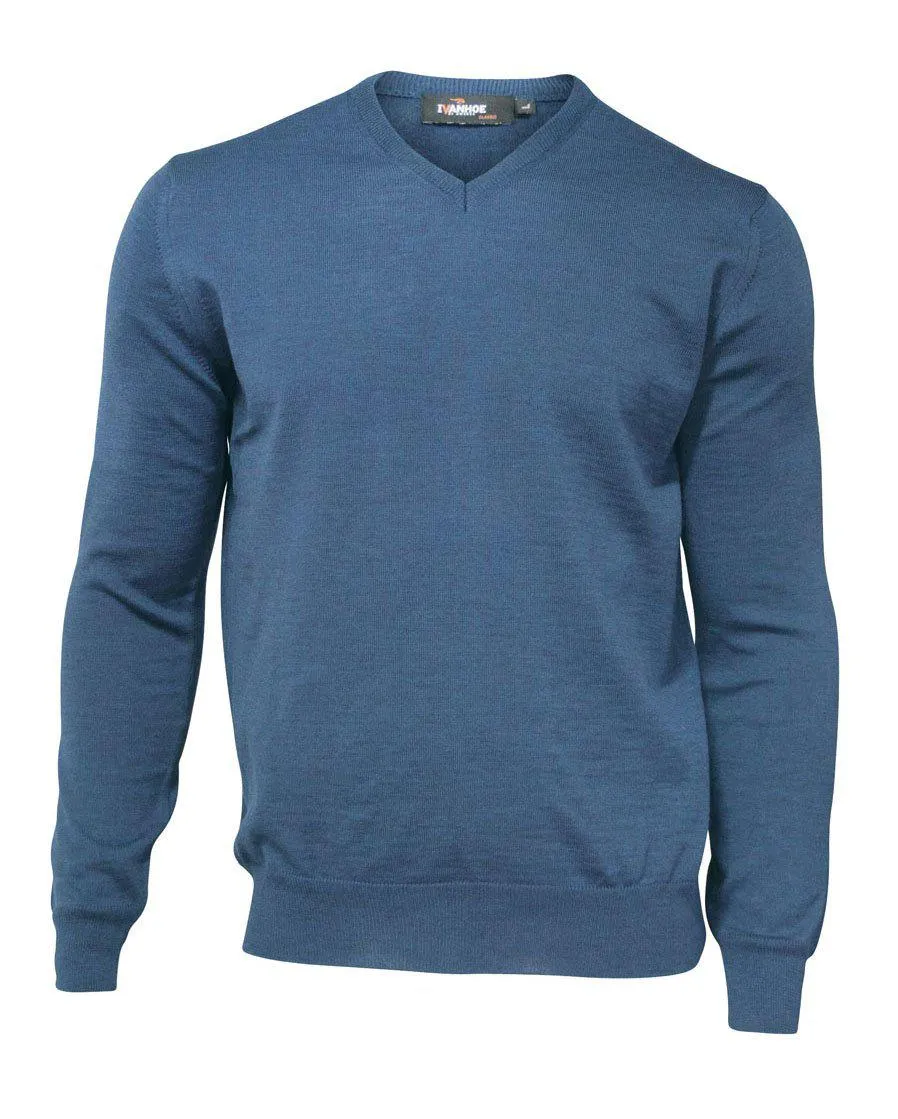 MERINO V-NECK MALE, 100% EXTRA FINE MERINOULL — STEELBLUE