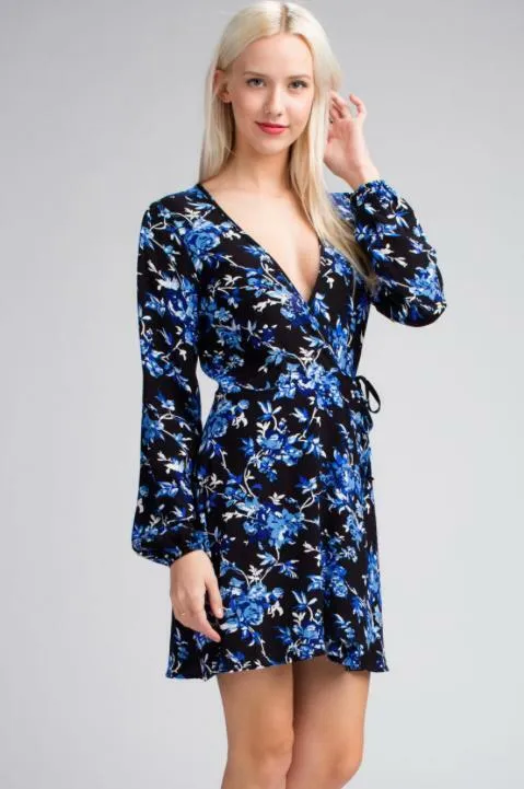 Middleton Black and Blue Floral Long Sleeve  Wrap Dress