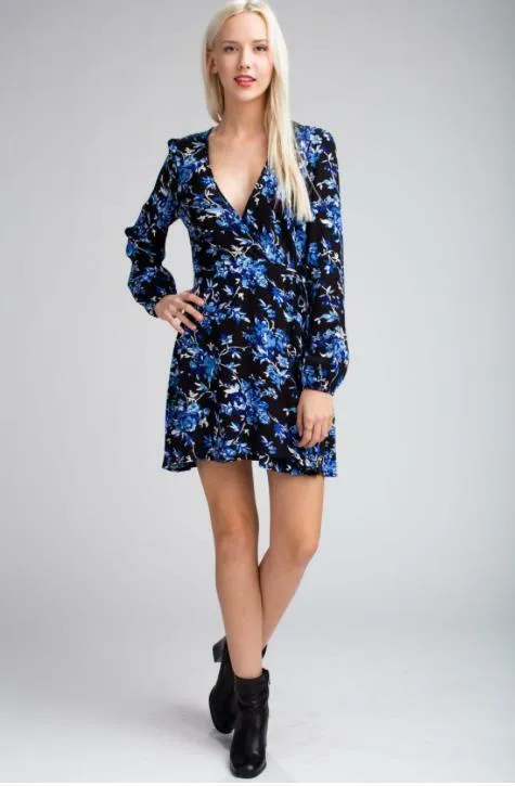 Middleton Black and Blue Floral Long Sleeve  Wrap Dress